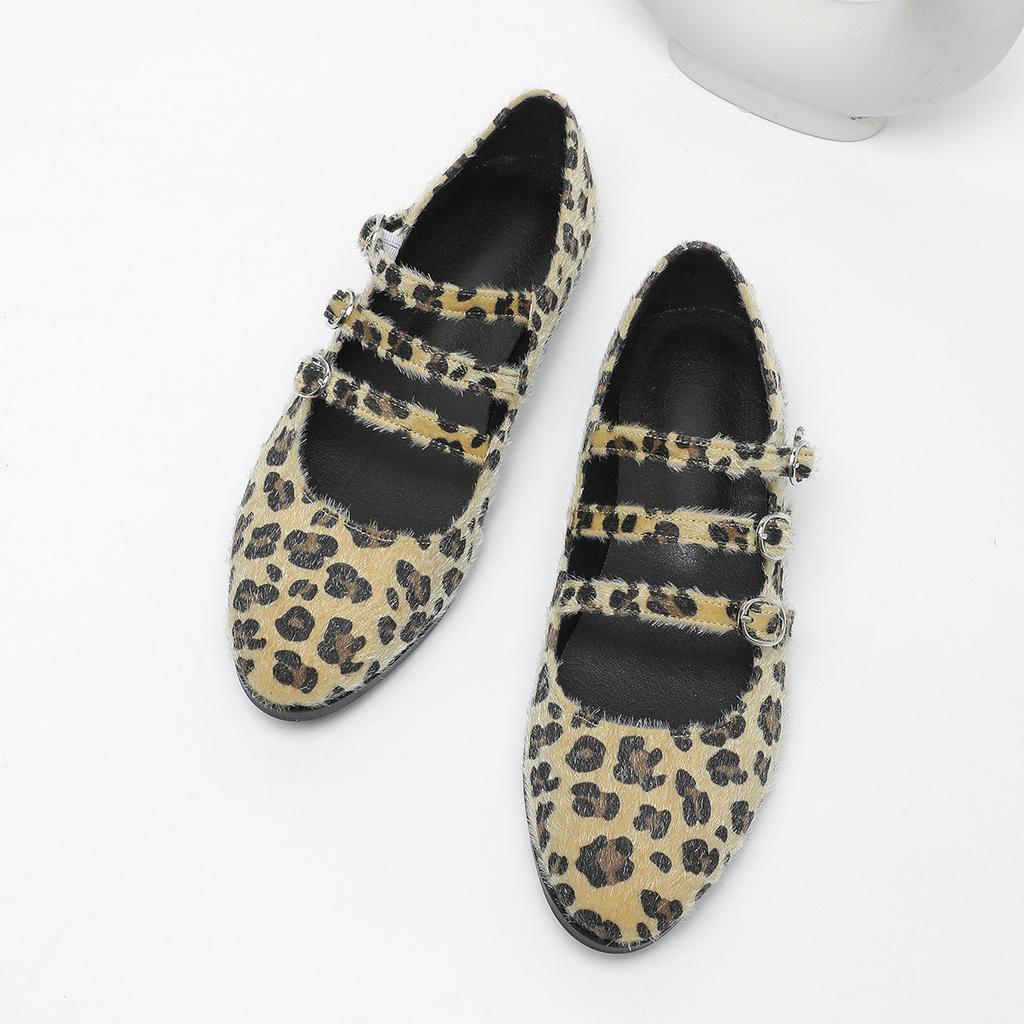 Large size women's shoes round head shallow mouth thick sole non-slip horse hair leopard print single shoes three characters with Mary Jane shoes