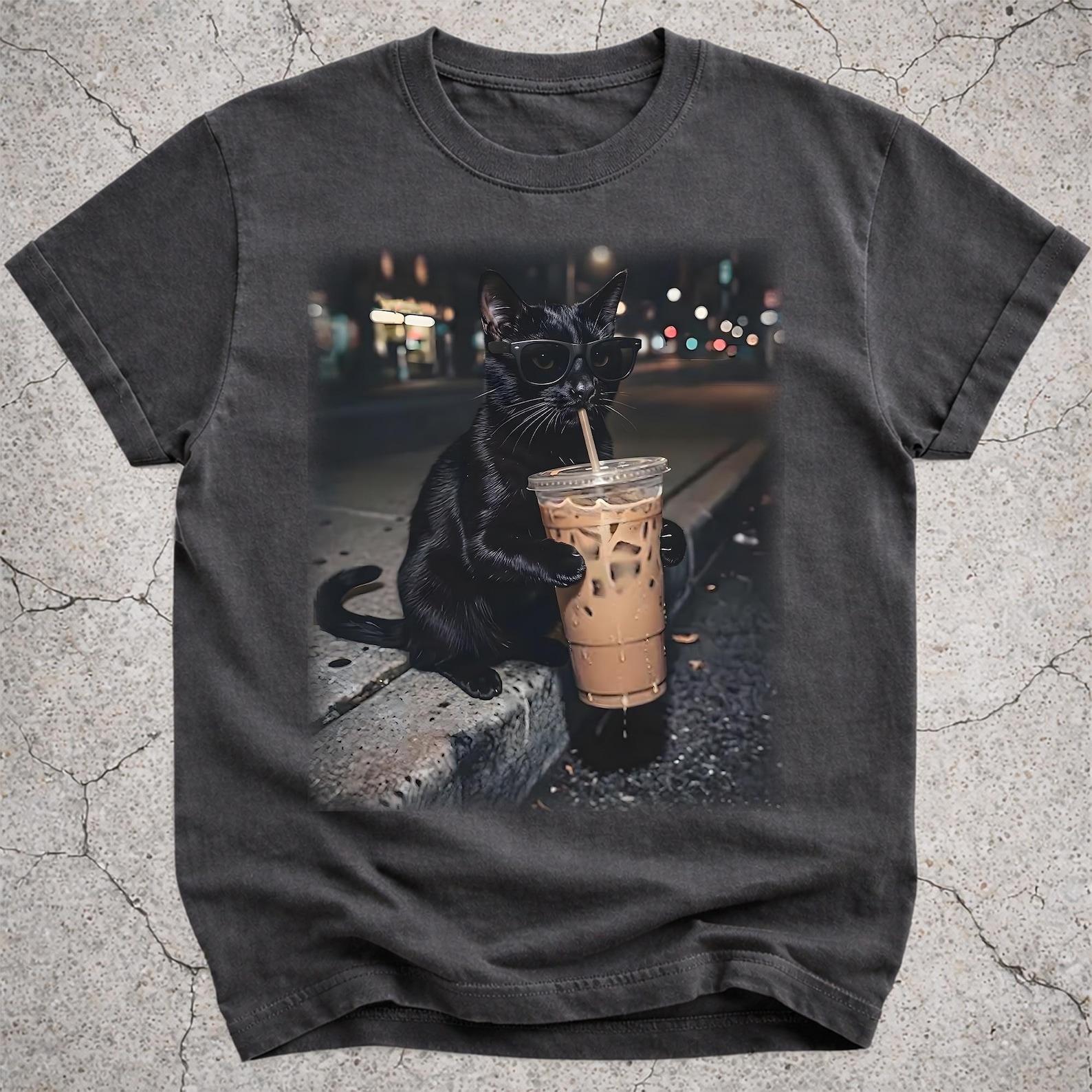 Funny Black Cat Drinking Iced Coffee Shirt, Cat Mom Gift, Animal Lover Tee 2XL