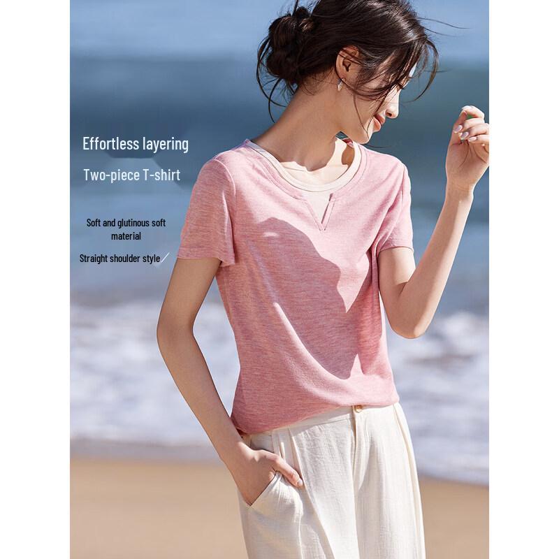 

Women s Summer Color Block Faux Two-Piece Short Sleeve T-Shirt 2XL