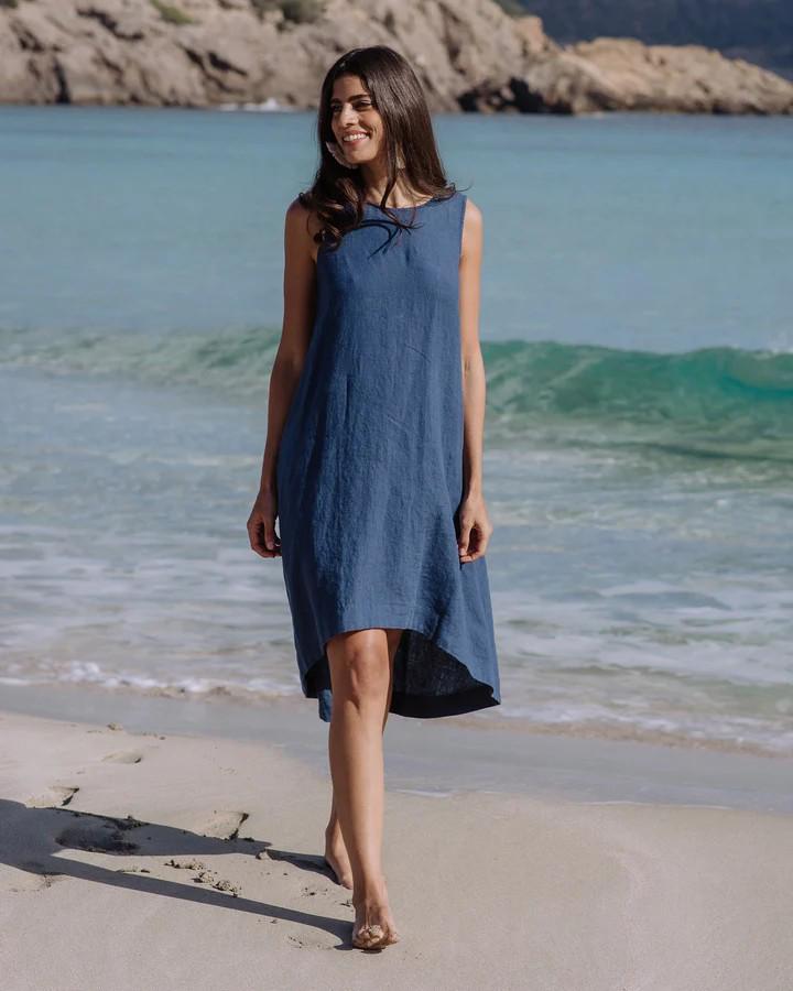 Summer Cotton Linen Solid Color Sleeveless Irregular Round Neck Long Dress