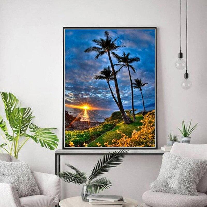 5D DIY Flower Diamond Painting Scenery Sea Sunset Diamond Embroidery Full Round Drill Rhinestone Mosaic Home Decor Gift