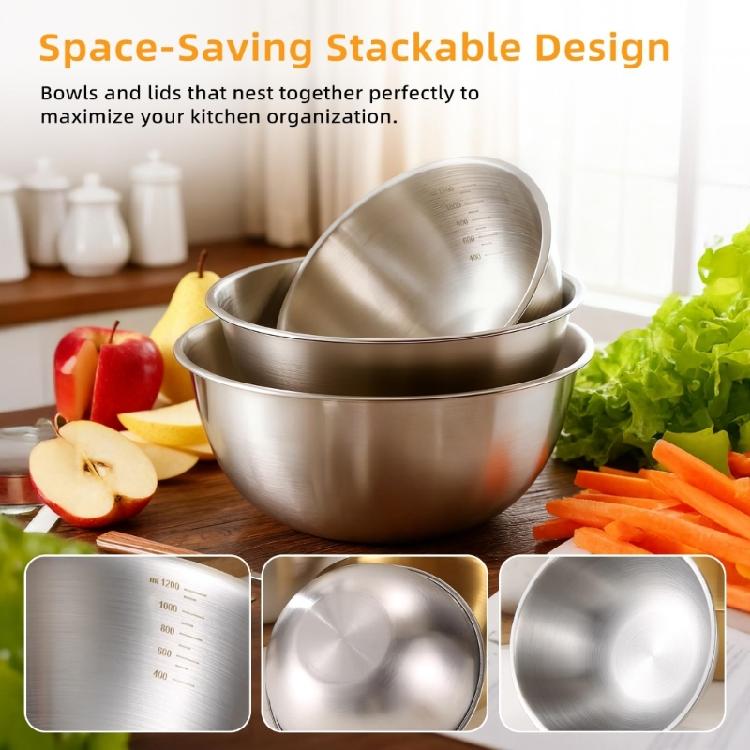 Modern Stainless Steel Mixing Bowl Set Space Saving Stackable Transparent Cover Food Storage Container