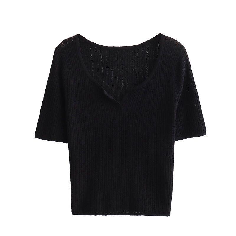 Fashion Style 2024 Spring New Arrival Women's Clothing Slim-Fitting, Fashion and All-Matching Pure Color Open Collar Short Sleeve Knitwear 466362