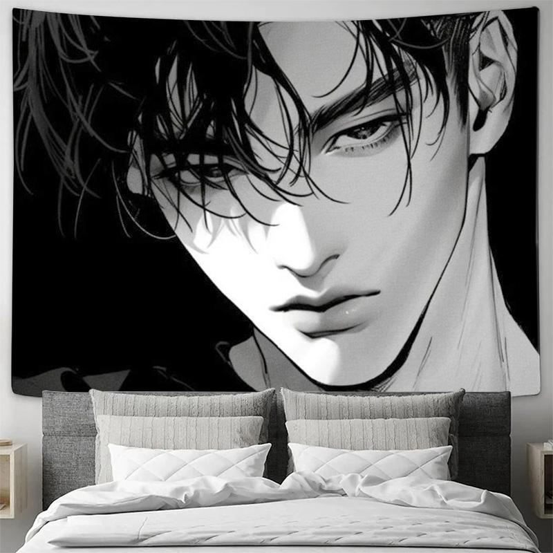 Black and White Anime Style Male Figure Wall Hanging Unique Personality Wall Decorative Tapestry 74x94cm(29x37in)