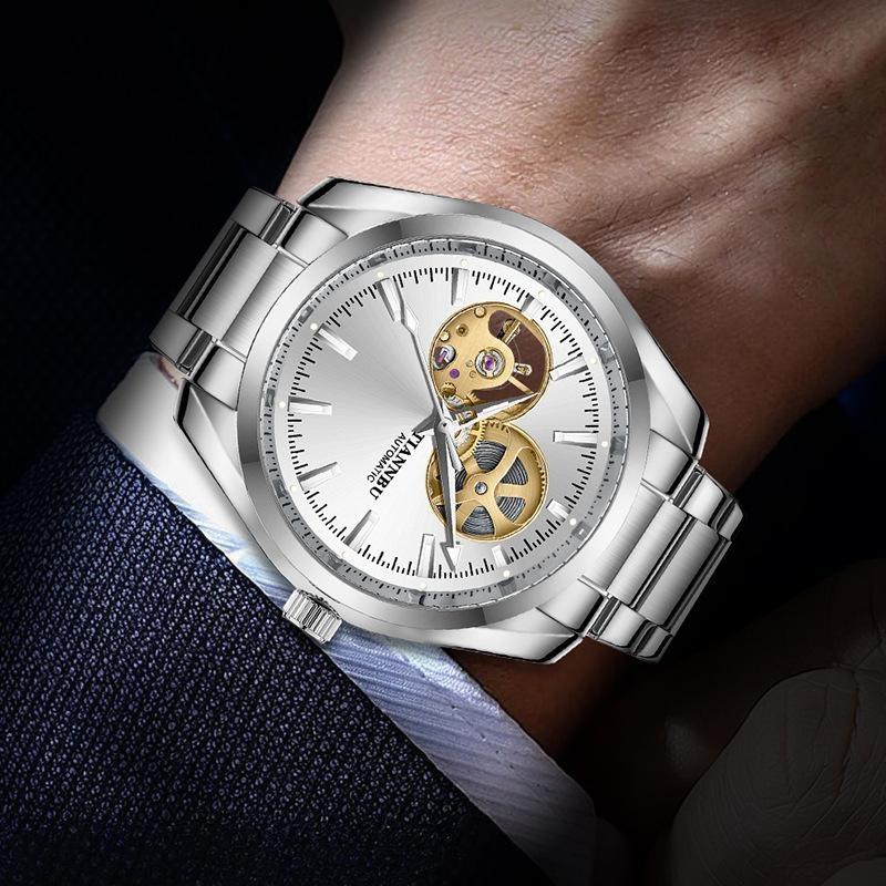 Gold Automatic Mechanical Watch for Men Luxury Skeleton Stainless Steel Waterproof Luminous Business Dress Wristwatch