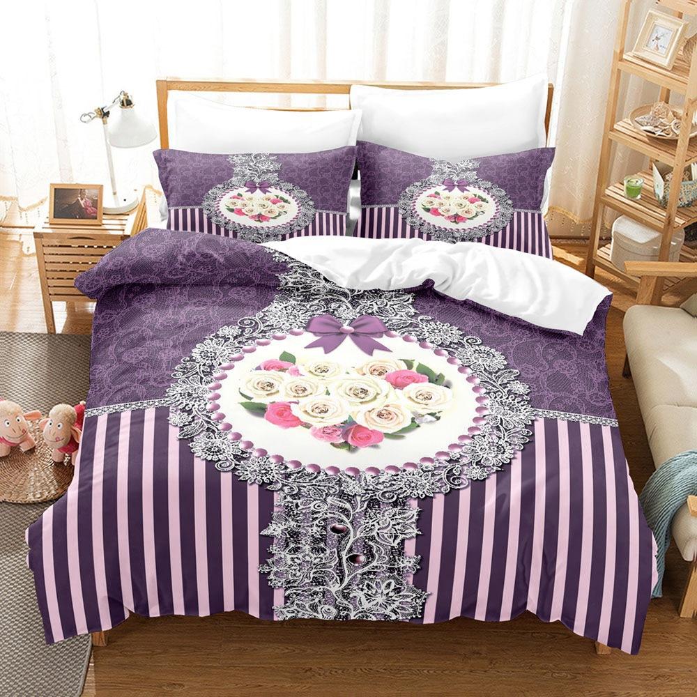 Vintage Court Print Bettbezug, Digitaldruck Blume Feder Dreiteiliges Set