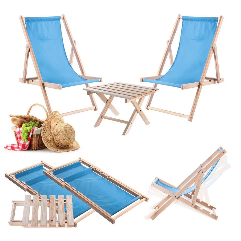 KADAX Set Couchtisch für Liegestühle Natur + 2 Holzliegen