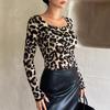 Spring Women's Leopard Print Large Round Neck Slim Long Sleeve T-Shirt