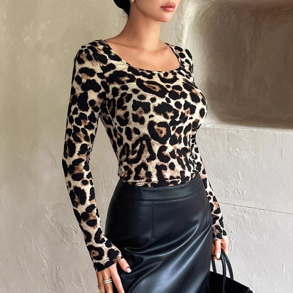 Spring Women's Leopard Print Large Round Neck Slim Long Sleeve T-Shirt