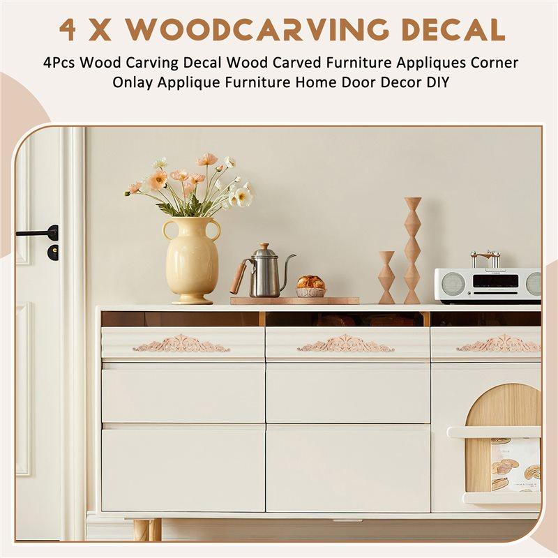 Fresh 4Pcs Wood Carving Decal Wood Carved Furniture Appliques Corner Onlay Applique Furniture Home Door Decor DIY