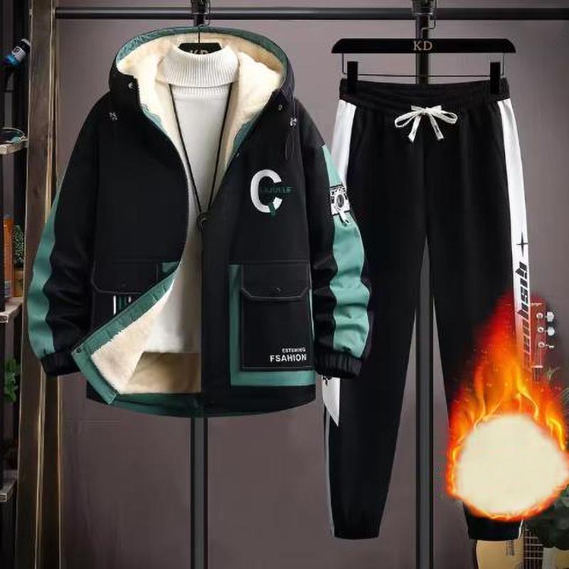 Winter Fleece Thicken Casual Tracksuit Sets Trend Hooded Patchwork Set Autumn Warm Sportswear Jacket Trousers Suits