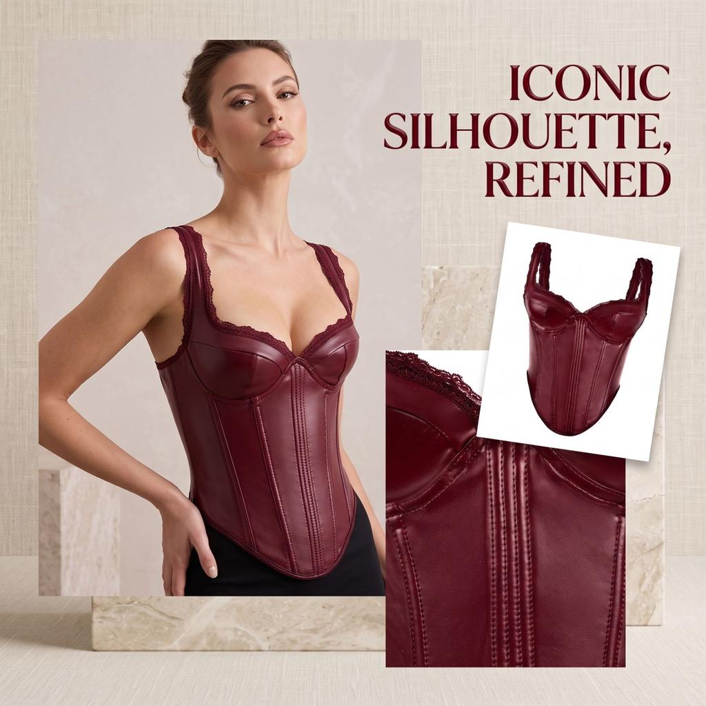 Women's Leather Lace Corset Camisole with Boning for Evening and Party Wear