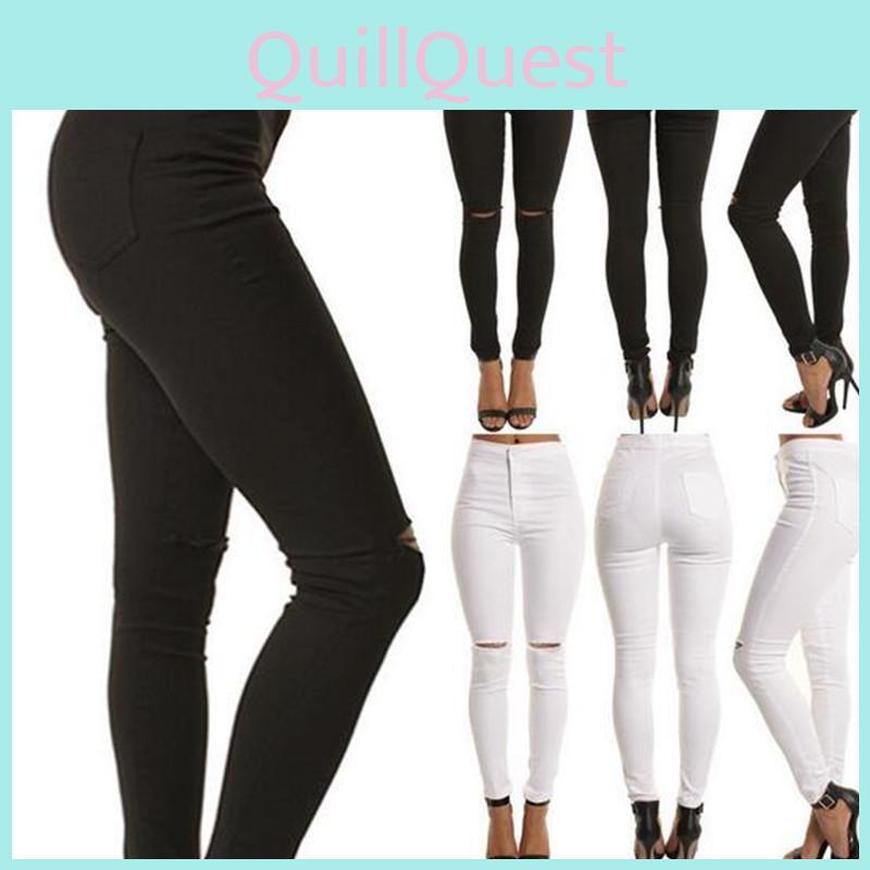 Damen Mode Einfarbig Skinny Lange Hosen Ausgeschnitten Sexy Hohe Taille Jeans Für Mühelosen Stil