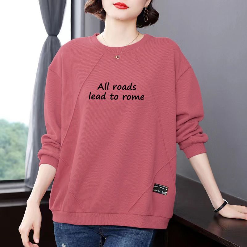 Spring Women's Round Neck Sweater Fashion   Pullover Top Loose Printed Pullover
