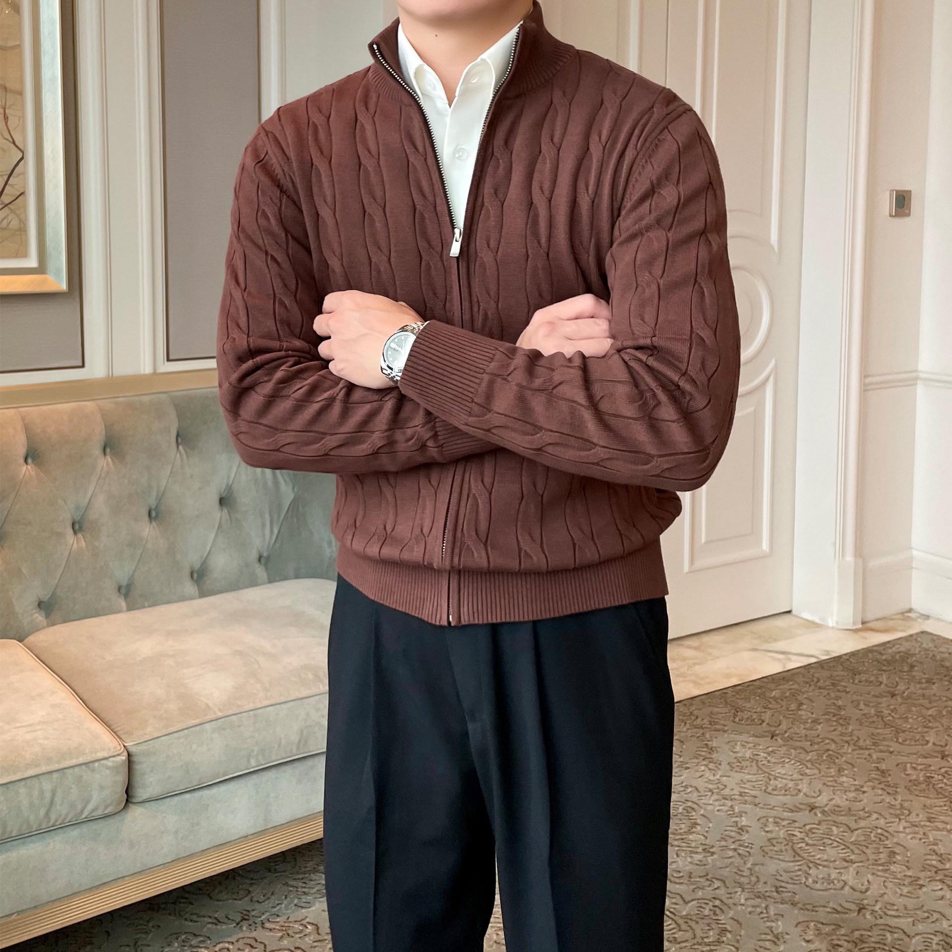 

Мужской ретро итальянский вязаный кардиган на молнии: Толстая вязка косами, Воротник-стойка, Осенне-зимний стиль M