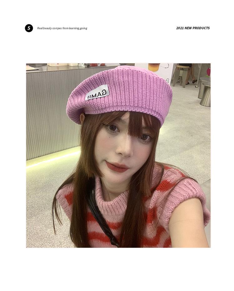 Trendy Korean Style Pink Knit Wool Beret: Women's Autumn/Winter Versatile, Face-Slimming Painter Hat