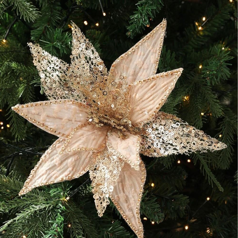 Large Artificial Poinsettia Flower Sequins Sparkling Christmas Glitter Flower Glitter DIY Christmas Flower