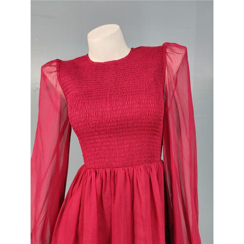 Export Single Lu Rose Red Fairy Light Plaid Elastic Stretch Chest-Flattering Dress Long Sleeve Big Hem Skirt