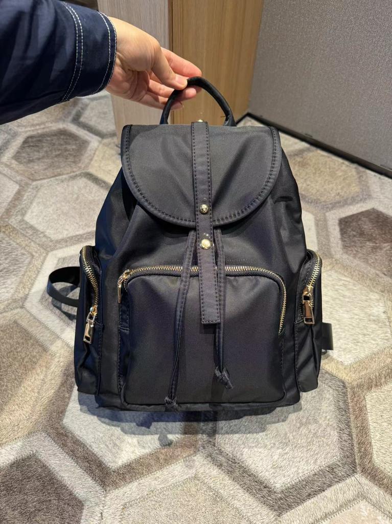 Fashionable drawstring nylon backpack for women large flip top student Rucksack college student Schoolbag Travel Bagpack Black