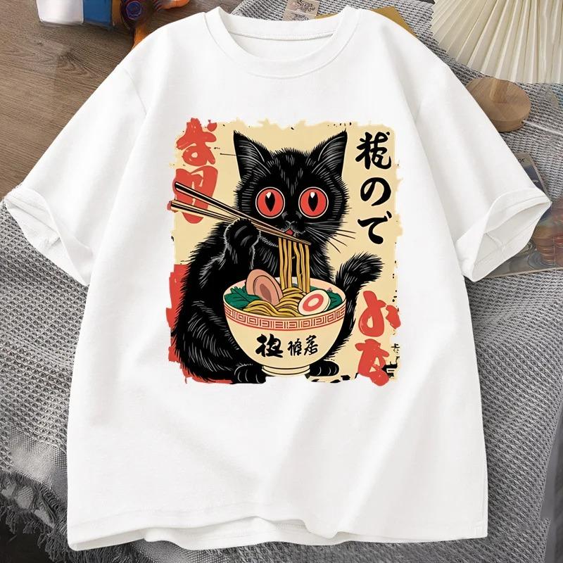 Vintage Japanese Black Cat Ramen T Shirts Cute Graphic Tee Funny Cat Eating Ramen T-Shirt Printing Short Sleeve Vintage Y2K Top