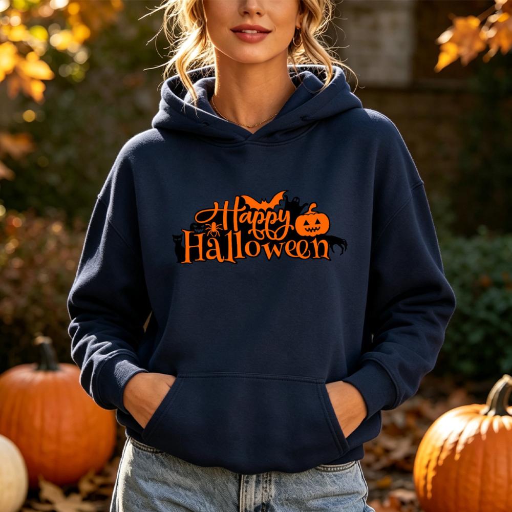 Felice Halloween Felpa con Stampa di Lettere Donna Felpa con Grafica di Zucca e Pipistrello Stagione Spettrale Manica Lunga Tasca Felpa con Cappuccio Top Casual