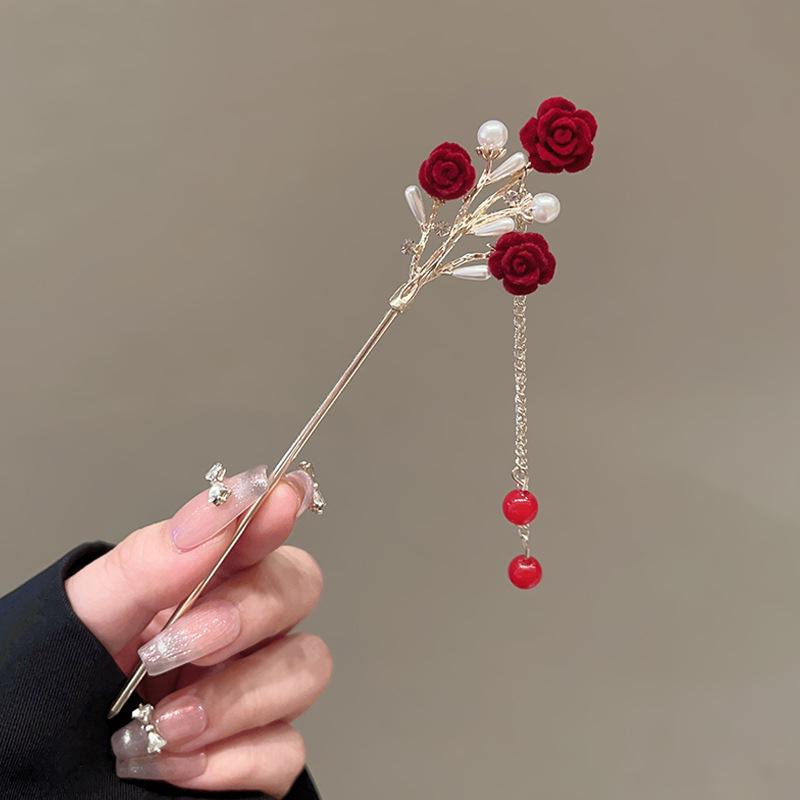 Elegant Red Rose Tassel Hairpin - U-shaped Hair Accessory for Women, Perfect for Updos and Traditional Attire.