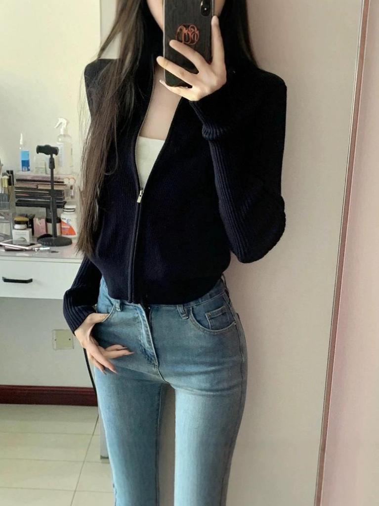 Korean-Style Soft Zipper Knit Cardigan for Women - Autumn/Winter Academy Casual Hoodie Sweater