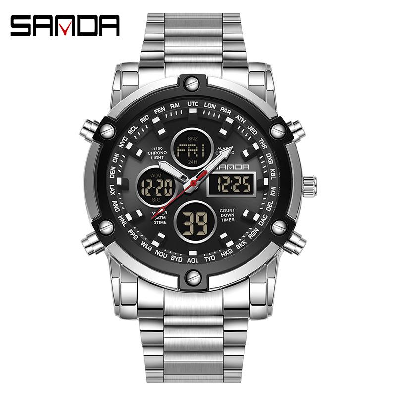 Sanda Dual Movement 5ATM Waterproof Multifunctional Steel Band Men's Watch with Alarm Clock