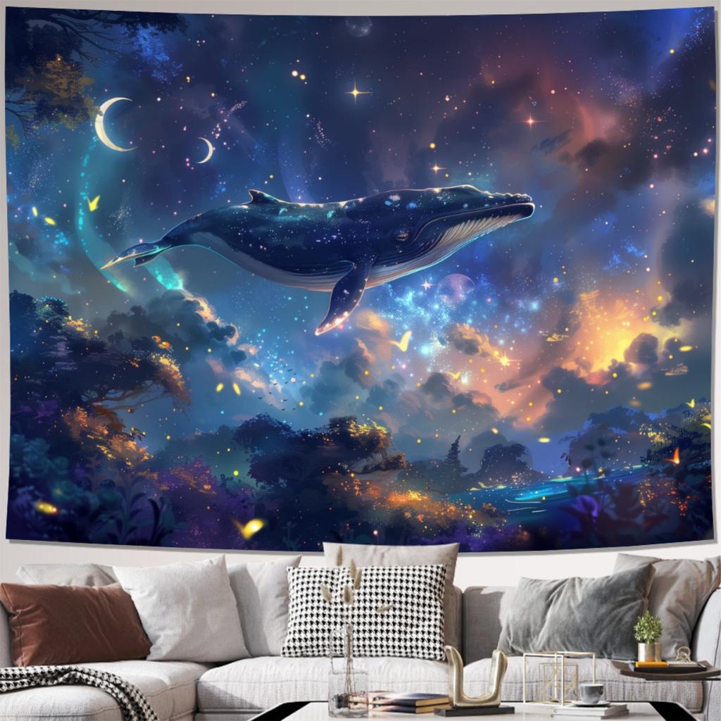 Whale Starry Night Tapestry Cosmic Wall Hanging Satin Fabric Living Room Bedroom Office Decor Tapestry Wall Hanging