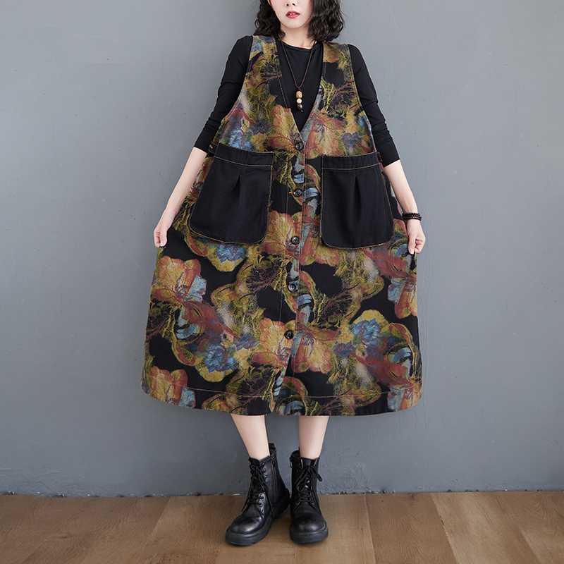 Plus Size Women Dress Vintage Elegant Lady Vestido Sleeveless Floral Print Denim Spring Jeans Dress 2021 Female Clothing