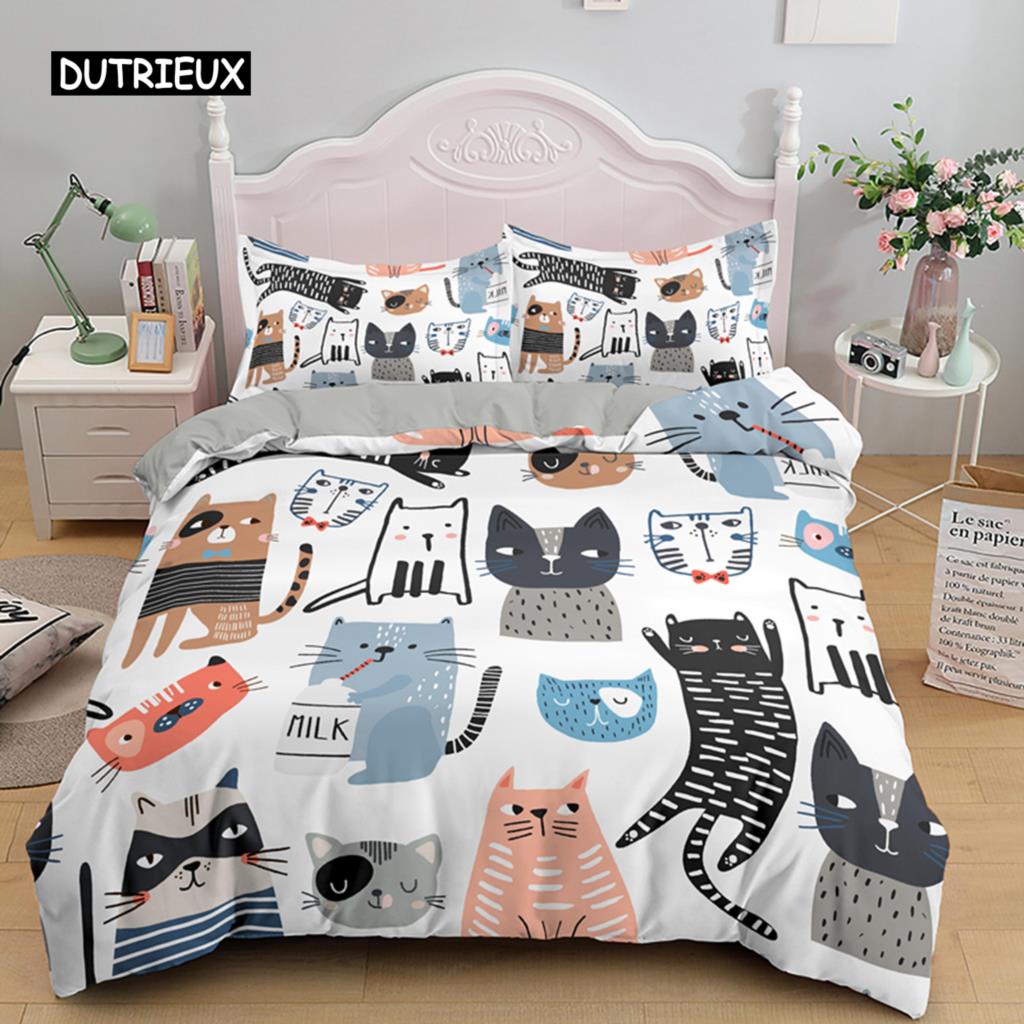 Cat Duvet Cover Set Digital Different Color Cartoon Cute Cat Bedding Set Bedclothes Double Queen King Size Polyester Qulit Cover