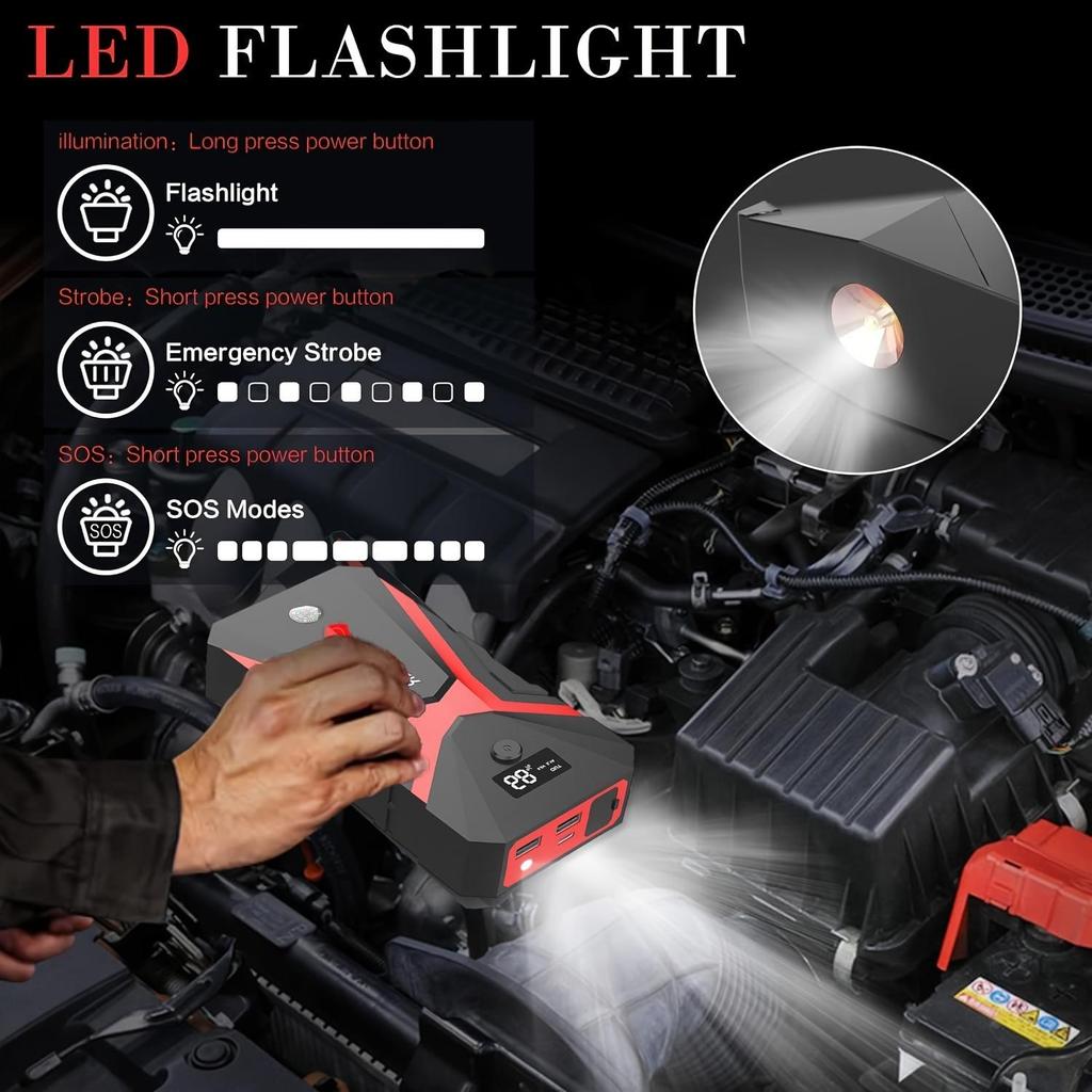 2000A Spitzenleistung Auto Starthilfe für 6.0L Benzin-/5.0L Dieselmotoren - mit LCD-Anzeige, Dual-USB-kompatibel und 12V DC-PORT