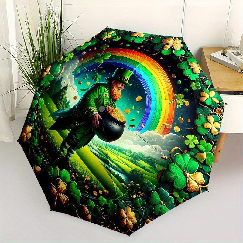 

St. Patrick s Day Leprechaun with Rainbow and Gold Coin Frame Print Umbrella, Cute Umbrella with Cute Design, Portable 3-Fold Compact Umbrella for Men