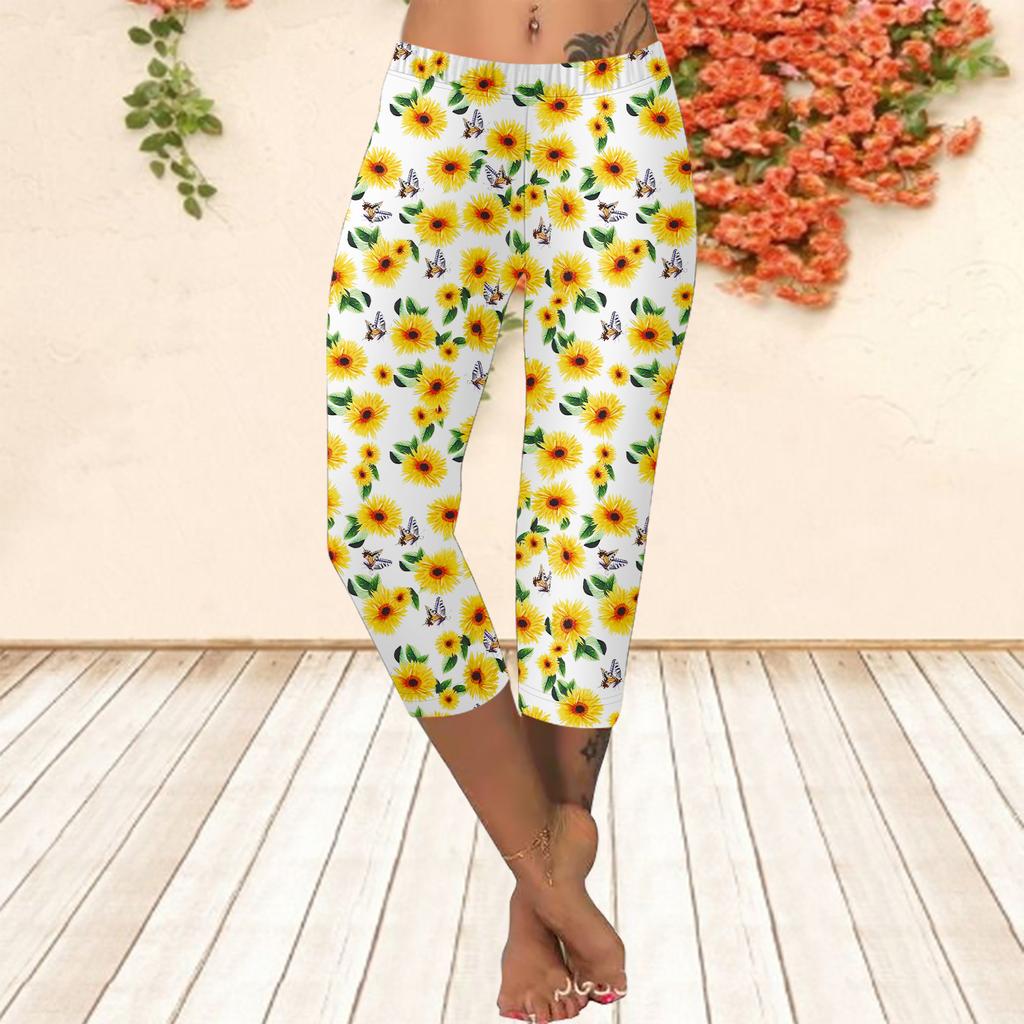 Long Pants, Summer Short Leggings, Short Tight Pants, Plus Size Leggins Women's Slim Fit 3D Daisy Printed Long Pants