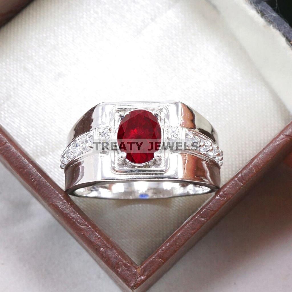Ruby Oval Cut Gemstone With 925 Sterling Silver Ring For Men's #B543 JL375686402645