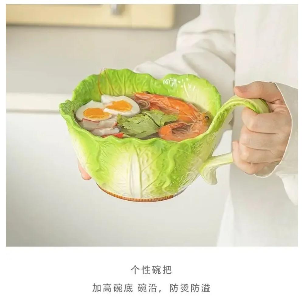 Creative Jade Cabbage Shaped Bowl With Handle Household Dining Ceramic High-capacity Soup Bowls Dormitory Microwavable Tableware