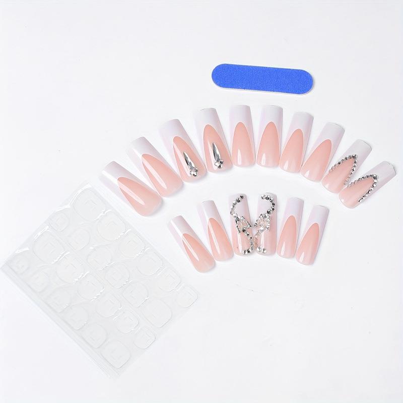 24 Rhinestone Press-on Long Bow Flower Nail Art Wearable Tips