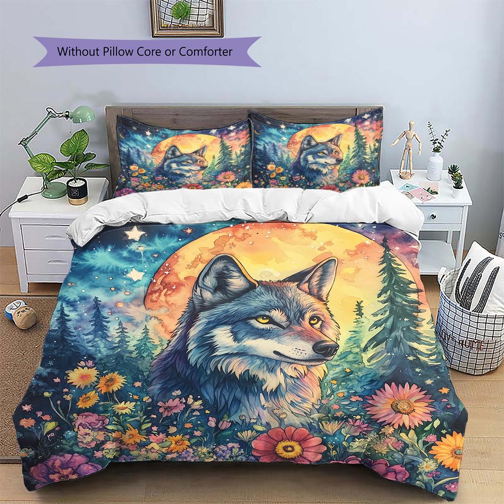 Floral wolf  Pattern Bedding Quilt Set Quilt Cover Pillowcase Home Decoration  Gift (1 * duvet cover + 2 * pillowcase, without core)