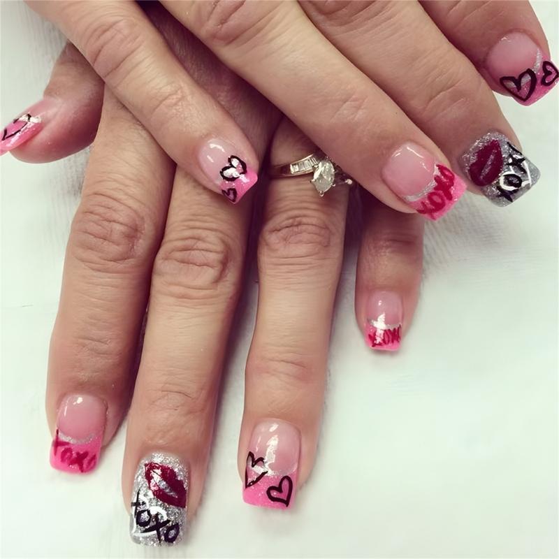 

24x Short False Nail French Tip Full Cover Stick on Nail Glittering Artificial Nail Valentines Day Press On Nail 1