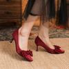 Red Wedding Shoes New Square Head Stiletto High Heels Female Shallow Mouth Bow Bride Shoes Women Dress Pumps Shoes