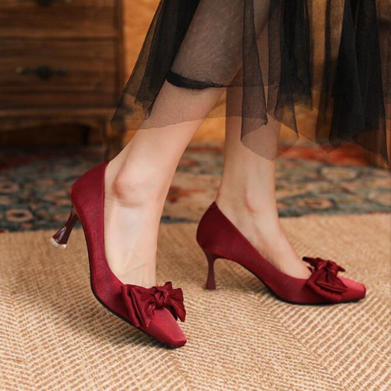 Red Wedding Shoes New Square Head Stiletto High Heels Female Shallow Mouth Bow Bride Shoes Women Dress Pumps Shoes