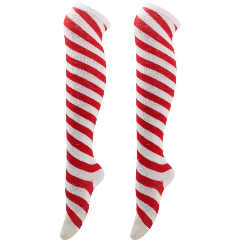 Women Girls Over Knee Long Socks Christmas Diagonal Striped Print Christmas Thigh High Stockings Holiday Party Hosiery