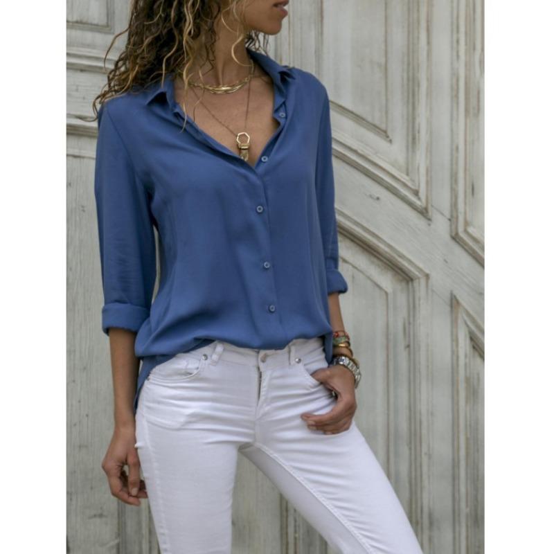 

Женская мода новый длинный рукав глубокий V-образный вырез шифоновый топ рубашка 5XL темно-синий