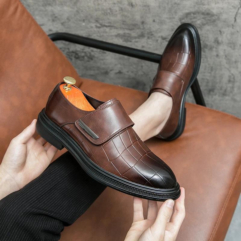 New Brown Loafers Buckle Strap Round Toe Shoes for Men Wedding Black Pu Men Dress Shoes  Size 38-46