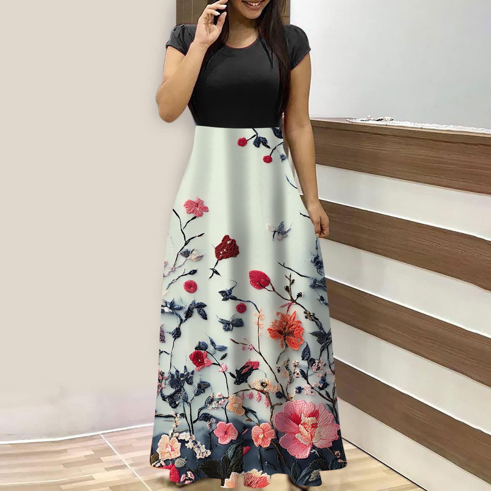 

Жіночі модні повсякденні вільні довгі сукні з круглим вирізом і короткими рукавами XXXL