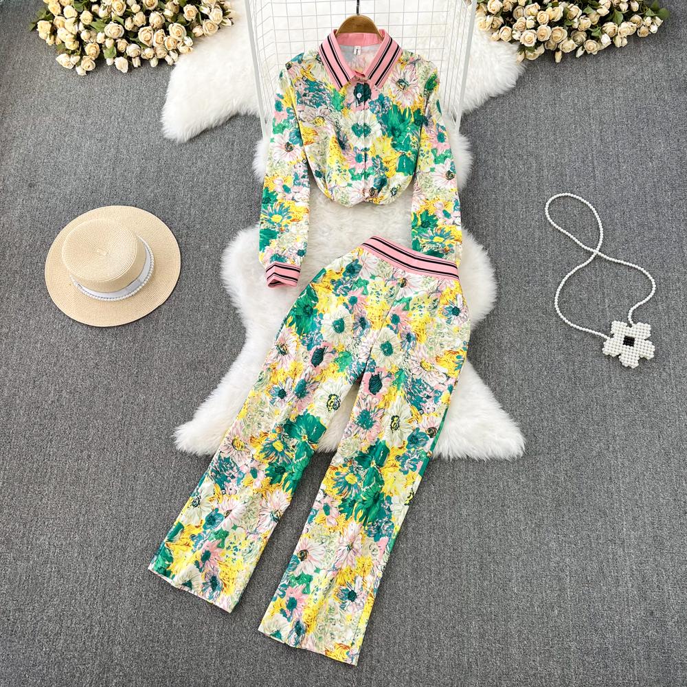 

Женщины Мода Брючный костюм Европейский ретро с длинными рукавами Подсолнечник Принт Однобортная рубашка Высокая талия Широкие ноги Брюки Две части Комплект