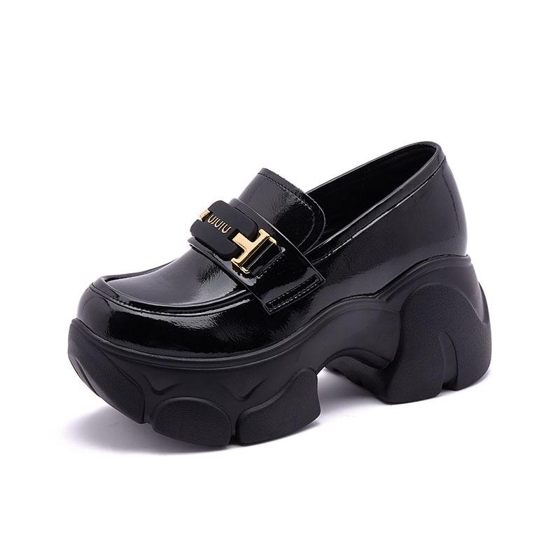 British loafers women's black platform small leather shoes spring 2025 new versatile one-pedal single shoes inner height increase women