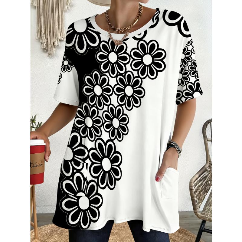 Women's plus size T-shirt, black and white floral print, with pocket design for casual outings, breathable, loose fit