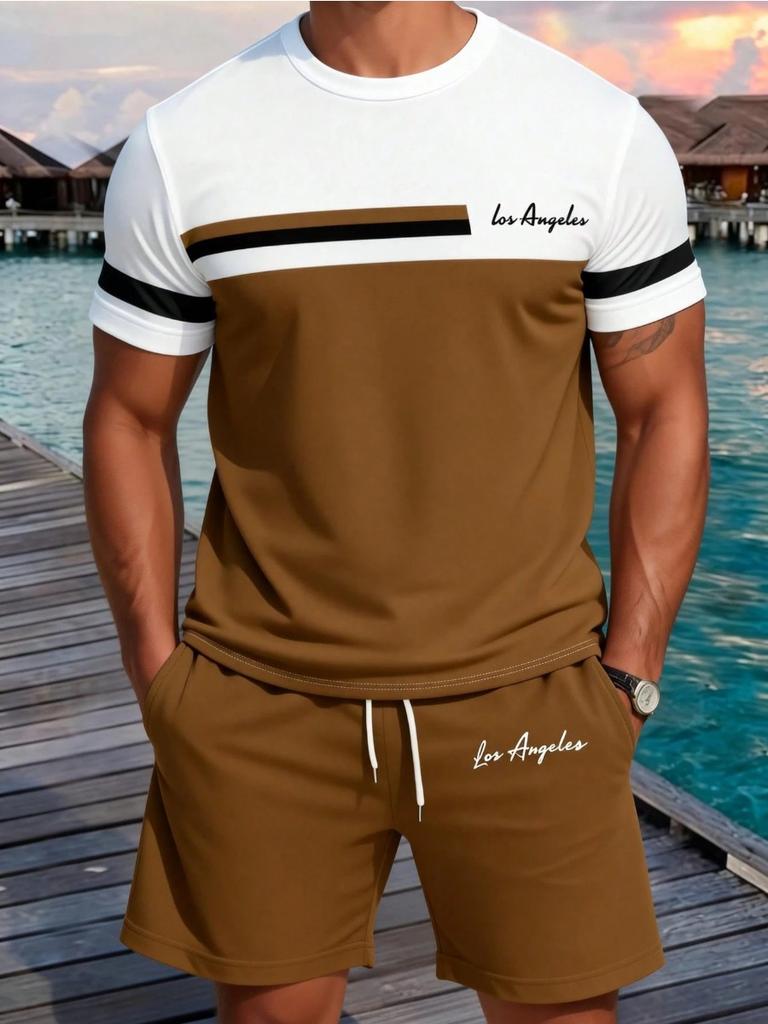 Summer Top Men's Letter 3D Print Short-Sleeve T-Shirt Stylish Mens Shorts Set Vacation Beach Casual T-Shirt 2-Piece