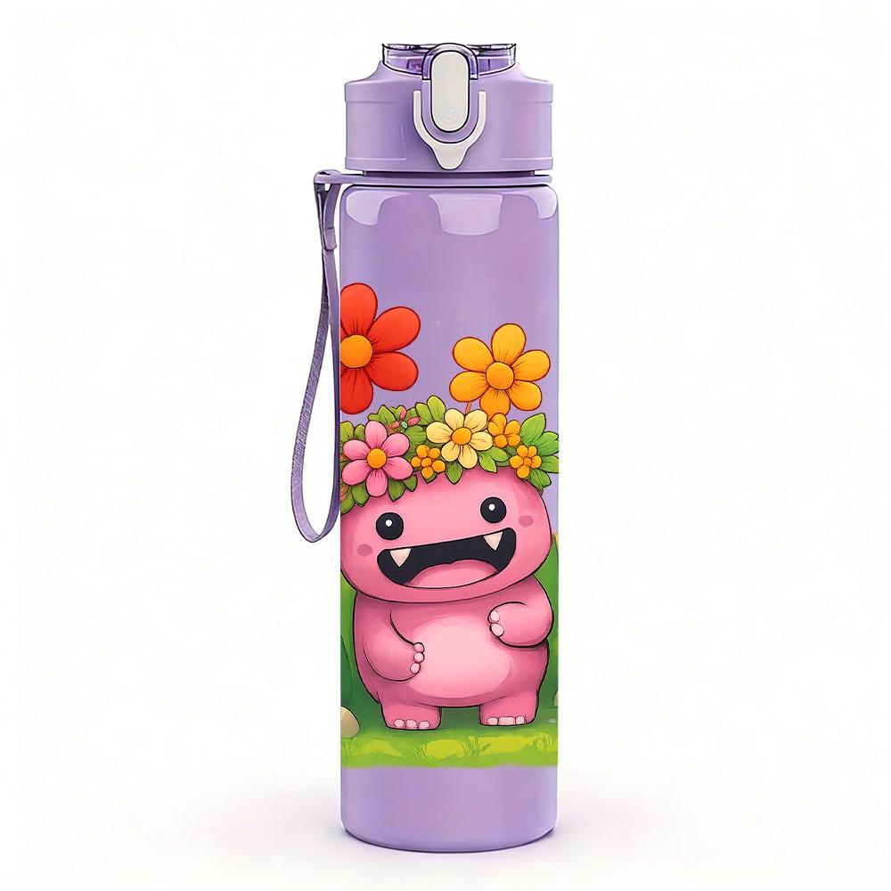 1PC Pink Monster Floral 750ml Color Plastic Sports Water Bottle Leakproof Flip Straw Lid Suitable for Sports Office Home Use